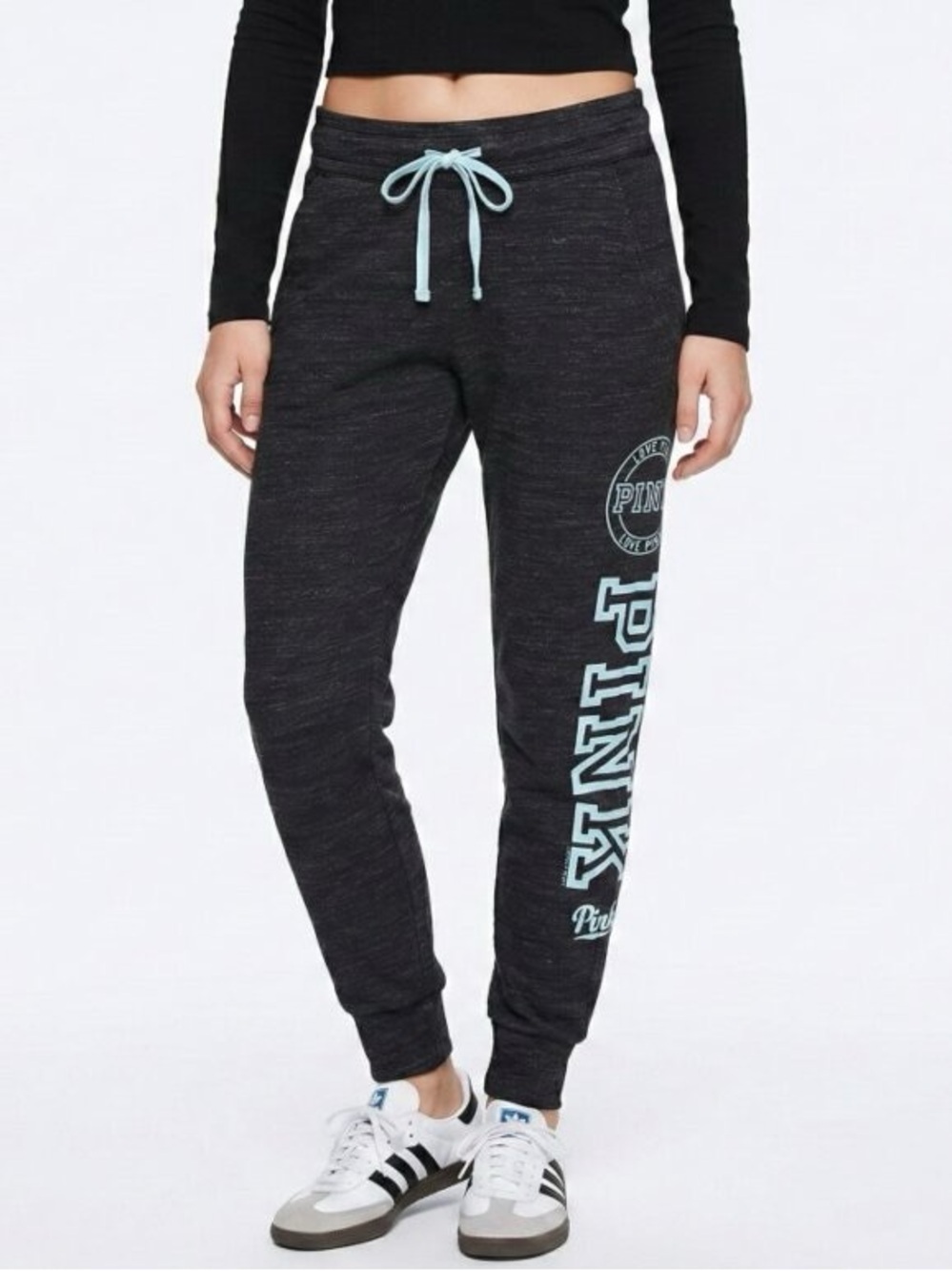 Victoria's Secret PINK  black multi-logo skinny jogger sweatpants.